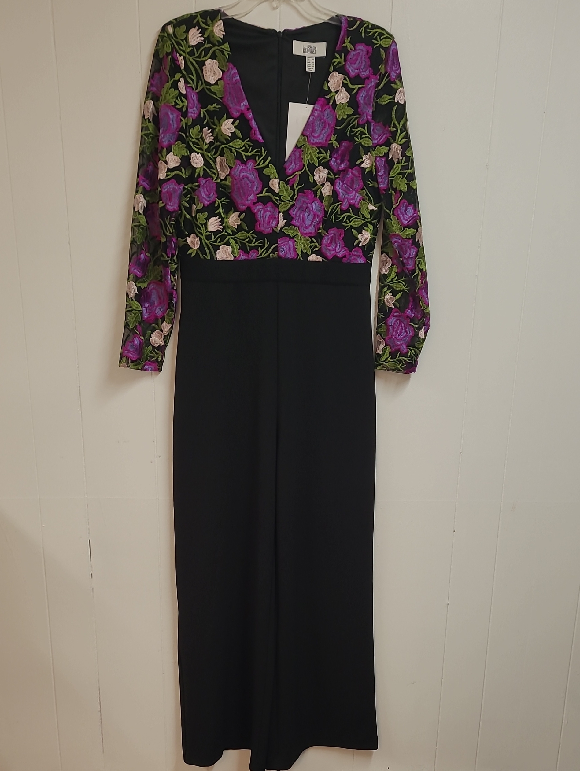 Badgley Mischka Belle Black Pants W/ Floral Embroidered Bodice Jumpsuit Sz 10